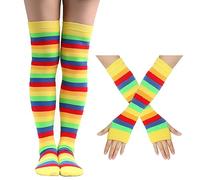 BYNYXI Mi-Bas rayés Femme, avec Manchettes Longs Gants tricotés Gants sans Doigts Ensemble survêtement Cuisse Coton Rouge Chaussettes rayées Cuisse Chaussettes Cuisse Haute Costume de fête