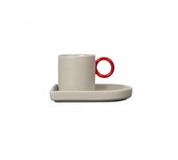 ByOn Niki 5275001305 Tasse à expresso avec soucoupe, couleur : gris/rouge, fabriquée en porcelaine, dimensions : 8 x 5,5 x 6 cm/11,5 x 8 x 1,5 cm, volume : 8 cl,