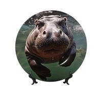 BYPPJGH Assiettes décoratives en céramique motif hippopotame de plongée avec support de présentation fait à la main en céramique - Assiette à dîner en porcelaine artisanale pour la maison et le bureau