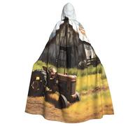 BYPPJGH Cape à capuche d'Halloween pour adulte, vieille grange en bois avec tracteur rouillé, cape pleine longueur pour Halloween, Noël, cosplay, costume pour homme et femme