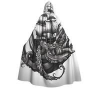 BYPPJGH Cape à capuche pour adulte - Noir et blanc - Poulpe et bateau - Longue cape pour Halloween, Noël, cosplay - Costume pour homme et femme