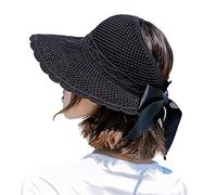 Byrotson Chapeaux de Soleil pour Femmes avec Trou de Queue de Cheval Protection UV Casquette de Plage à Large Bord Chapeaux de Paille légers Pliables/compressibles avec Arc décoratif,Noir,One Size
