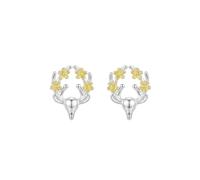 bySantana Boucles d'oreilles cerf et fleurs en argent sterling 925 véritable - Boucles d'oreilles délicates avec accent doré - Bijou élégant pour femmes et filles