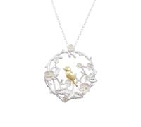 bySantana Collier oiseau et fleurs en argent sterling 925 - Oiseau doré dans un cercle de branches avec fleurs, chaîne délicate, romantique et inspirée de la nature pour femme et fille