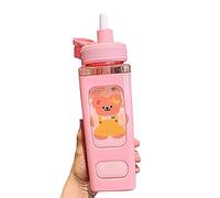 BYSN Grande Bouteille d'eau Kawaii avec Paille et Autocollant Kawaii, Bouteilles d'eau Mignonnes ours Kawaii Sport bouteille carrée portable en plastique pour Enfants Fournitures Scolaires (Rose)