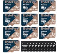 ByteFest Lot de 10 Cartes Mémoire Mic roSD 16 Go + 10 Adaptateurs, UHS-I U1 TF Card jusqu'à 80 Mo/s, A1 C10 V10 FHD vidéo, pour Caméra de Sport/Surveillance/Dash Cam/Téléphone Portable