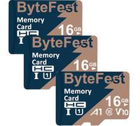 ByteFest Lot de 3 Cartes Mémoire Mic roSD 16 Go + 3 Adaptateurs, UHS-I U1 TF Card jusqu'à 80 Mo/s, A1 C10 V10 FHD vidéo, pour Caméra de Sport/Surveillance/Dash Cam/Téléphone Portable
