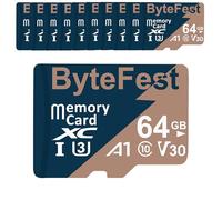 ByteFest Lot de 30 cartes micro SD 64 Go avec 30 adaptateurs, carte TF UHS-I U3 haute vitesse, vidéo C10 A1 V30 4K UHD, carte mémoire flash microSDXC pour caméras de surveillance, caméras d'action,
