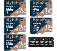 ByteFest Lot de 5 Cartes Mémoire Mic roSD 16 Go + 5 Adaptateurs, UHS-I U1 TF Card jusqu'à 80 Mo/s, A1 C10 V10 FHD vidéo, pour Caméra de Sport/Surveillance/Dash Cam/Téléphone Portable