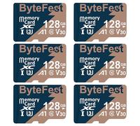 ByteFest Lot de 6 cartes micro SD de 128 Go avec 6 adaptateurs, UHS-I U3 TF, C10, V30, vidéo 4K UHD, A1, carte mémoire flash microSDXC pour caméra de surveillance, caméras d'action, drone, consoles de