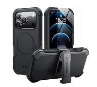 ByteRock Coque pour iPhone 17 Pro 6,3" avec clip ceinture, anti-chute, résistante aux chocs, protection robuste, compatible avec MagSafe, avec protecteur d'écran, béquille rotative à 360°, noir