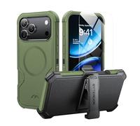 ByteRock Coque pour iPhone 17 Pro Max de 6,9" avec clip ceinture, anti-chute, résistante aux chocs, protection robuste, compatible avec MagSafe, avec protecteur d'écran, béquille rotative à 360°, vert