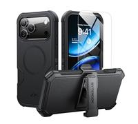 ByteRock Coque pour iPhone 17 Pro Max de 6,9" avec clip ceinture, anti-chute, résistante aux chocs, protection robuste, compatible avec MagSafe, avec protecteur d'écran, béquille rotative à 360°, noir