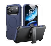 ByteRock Coque pour iPhone 17 Pro Max de 6,9" avec clip ceinture, anti-chute, résistante aux chocs, protection robuste, compatible avec MagSafe, avec protecteur d'écran, béquille rotative à 360°, bleu