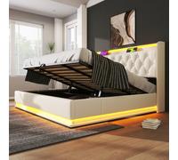 bytnghy Lit Double rembourré, éclairage LED 360 °, Bouton-Poussoir/Application/télécommande, Rembourrage en Lin Gris, lit Coffre Lumineux (Style sans Matelas 180 * 200cm)