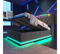 bytnghy Lit Double rembourré, éclairage LED 360 °, Bouton-Poussoir/Application/télécommande, Rembourrage en Lin Gris, lit Coffre Lumineux (Gris avec Matelas 90 * 200cm)