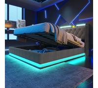 bytnghy Lit Double rembourré, éclairage LED 360 °, Bouton-Poussoir/Application/télécommande, Rembourrage en Lin Gris, lit Coffre Lumineux (Gris sans Matelas 180 * 200cm)