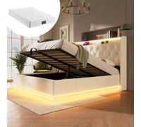 bytnghy Lit Double rembourré, éclairage LED 360 °, Bouton-Poussoir/Application/télécommande, Rembourrage en Lin Gris, lit Coffre Lumineux (avec Matelas 160 * 200cm)