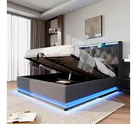 bytnghy Lit Double rembourré, éclairage LED 360 °, Bouton-Poussoir/Application/télécommande, Rembourrage en Lin Gris, lit Coffre Lumineux (Gris avec Matelas 160 * 200cm)