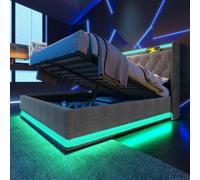 bytnghy Lit Double rembourré, éclairage LED 360 °, Bouton-Poussoir/Application/télécommande, Rembourrage en Lin Gris, lit Coffre Lumineux (Gris sans Matelas 140 * 200cm)