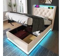 bytnghy Lit Double rembourré, éclairage LED 360 °, Bouton-Poussoir/Application/télécommande, Rembourrage en Lin Gris, lit Coffre Lumineux (avec Matelas 90 * 200cm)