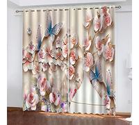 BYTUGI Rideaux Occultants 3D Papillon Fleur Rose Imprimé, Rideau À Oeille Lot De 2 Fenêtre Décoration pour Chambre Salon Et Chambre Enfant L 200 X H 165 cm Isolant Thermique Et Sonore
