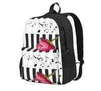 BYwenhopnbs Sac à dos d'école avec notes de musique et rose rouge sur piano, pour homme et femme, avec 15 compartiments pour ordinateur portable