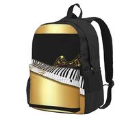 BYwenhopnbs Sac à dos d'école élégant avec notes dorées et touches de piano, noir, pour homme et femme, avec 15 compartiments pour ordinateur portable