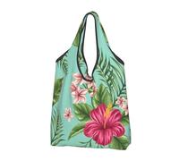 BYwenhopnbs Sac cabas pliable imprimé de fleurs de frangipanier et d'hibiscus, motif jungle exotique et feuilles de palmier, imperméable et réutilisable, idéal pour les voyages.