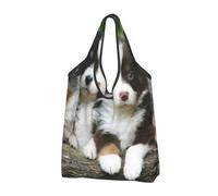 BYwenhopnbs Sac fourre-tout pliable à motif quatuor de petits chiots Berger Australien, imperméable et réutilisable, idéal pour les voyages.