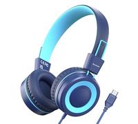 Bywulanda Casque USB de Type C pour Enfants, pour l'école, Volume sûr à 94 DB, Son stéréo HD, Casque Supra-auriculaire Pliable et léger pour garçons/Filles/étudiants/Tablette/Voyage -Bleu