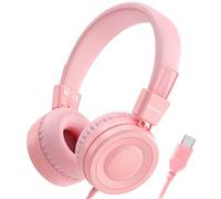 Bywulanda Casque USB de Type C pour Enfants, pour l'école, Volume sûr à 94 DB, Son stéréo HD, Casque Supra-auriculaire Pliable et léger pour garçons/Filles/étudiants/Tablette/Voyage -Rose