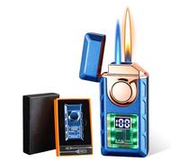 BYZESTY Briquet Tempête Double Flamme Métal - Coupe-Vent Chalumeau Gaz pour Bougies, Cuisine, Camping, Cheminée (Vendu sans Gaz) (Bleu)