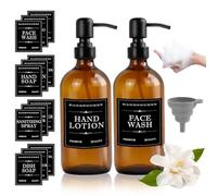 BZUEPRS Ensemble de 2 distributeurs de savon, distributeur de shampoing et après-shampoing en verre brun avec pompe en acier inoxydable, bouteille à pompe de 500ml avec 12 étiquettes et un entonnoir