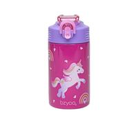 bzyoo HappyPal Gourde en acier inoxydable pour enfant, 39 g, rose, avec poignée violette avec motif licorne, bouchon de paille et couvercle, fermeture sécurisée, idéale pour les déplacements