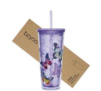 bzyoo SIP Gobelet en Plastique à Double Paroi de 710 ml avec Couvercle et Paille - Tasse de Voyage Réutilisable pour Boissons Froides - Idéal pour Café Glacé, Thé, Bureaux, Fêtes - Motif Papillon Viol