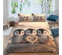 BZZOLASP Cute Pingouin Trio Linge de Lit 3 pièces Imprimé en 3D Respirante Cartoon Plage scène Ensemble De Literie avec 2 x Taies d'oreiller Confortable for Chambre de Adolescents Single（135x200cm）