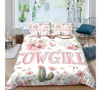 BZZOLASP Rose Floral Cowgirl Linge de Lit 3D Effet 3 Pièces Hypoallergique Rétro Western Illustration Housse de Couette avec Taie d'oreiller Ultra Douce for Chambre de Adolescents Double（200x200cm）