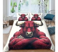 BZZOLASP Rouge Bull Warrior Parure de Lit 3D Effet Microfibre 3 Pièces Hypoallergique Digital Illustration Ensemble De Literie avec Taie d'oreiller Super Douce for Adulte Double（200x200cm）