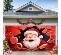 C, 2 x 1,5 m, bannière de porte de garage de Noël - Le Père Noël mignon apparaît à travers l'ouverture murale - Décoration murale extérieure, grande décoration de vacances extérieure pour les maisons