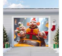 C,8*7ft/2.4*2.1m,Bannière de Porte de Garage de Noël - Scène Hivernale Avec une Petite Souris Mignonne, Du Fromage, Des Voitures - Grande Fresque Murale pour Décorations de Noël Extérieures