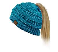 C.C BeanieTail Bonnet en tricot torsadé doux et extensible pour queue de cheval, Bleu sarcelle métallisé, Taille unique