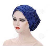C Hijab tour de tête de 56-58 cm turban femme turbans pour femmes doux turban head wrap headwear plissé beanie cap bleu de la mode