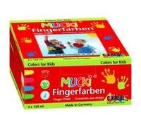 KREUL 2314 - Mucki Set de 4 pots de peinture au doigt de 150 ml Peinture végane sans parabène, gluten ni lactose Lavable et applicable au doigt, au pinceau et à l’éponge Couleurs lumineuses