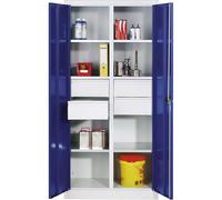 C+P Armoire à matériaux en tôle d'acier 6 tablettes 4 tiroirs H x l x P 1950 x 1200 x 500 mm Porte bleu gentiane Corps gris clair