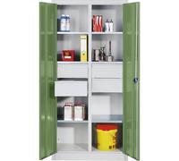 C+P Armoire à matériaux en tôle d'acier | 6 tablettes | 4 tiroirs | H x l x P : 1950 x 930 x 500 mm | Porte vert reseda | Corps gris clair