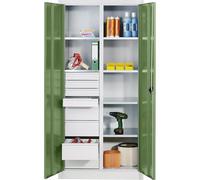 C+P Armoire à matériaux en tôle d'acier - 6 tablettes - 8 tiroirs - H x l x P : 1950 x 1200 x 500 mm - Porte vert reseda - Corps gris clair