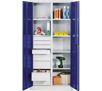 C+P Armoire à matériaux en tôle d'acier - 6 tablettes - 8 tiroirs - H x l x P : 1950 x 930 x 500 mm - Porte bleu gentiane - Corps gris clair