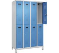 C+P Evolo Plus Casier à double étage 4 compartiments Gris clair/bleu clair Largeur 1200 mm Avec pieds larges Serrure à cylindre