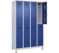 C+P Evolo Plus Casier à double étage 4 compartiments Gris clair/bleu gentiane Largeur 1200 mm Avec pieds larges Serrure à cylindre